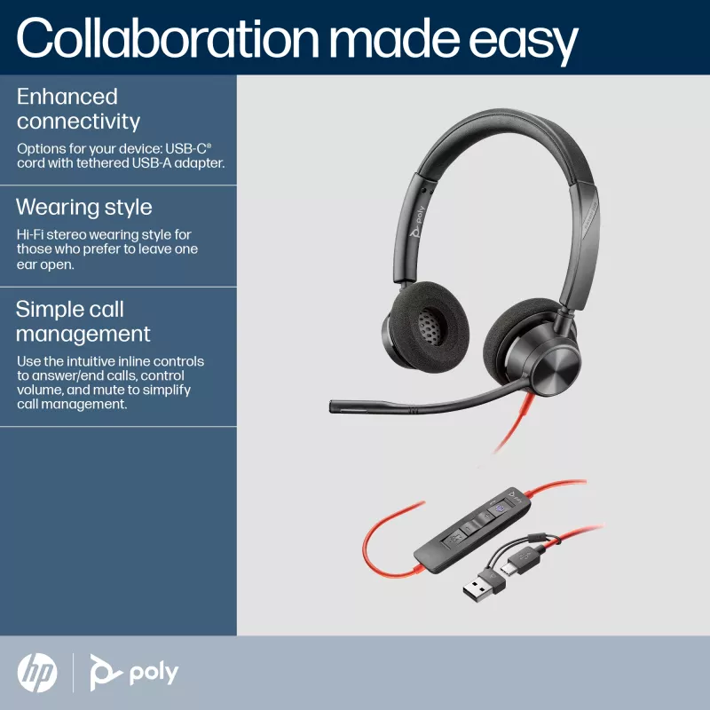 HP Poly Blackwire 3320 auriculares estéreo USB-C certificados para Microsoft Teams + adaptador USB-C/A