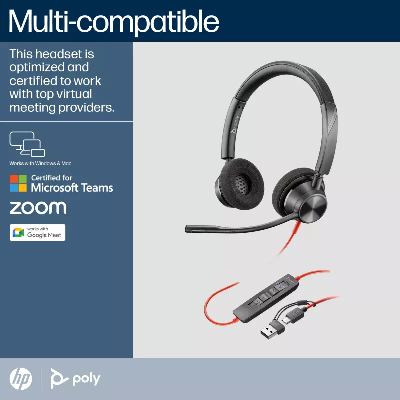 HP Poly Blackwire 3320 auriculares estéreo USB-C certificados para Microsoft Teams + adaptador USB-C/A