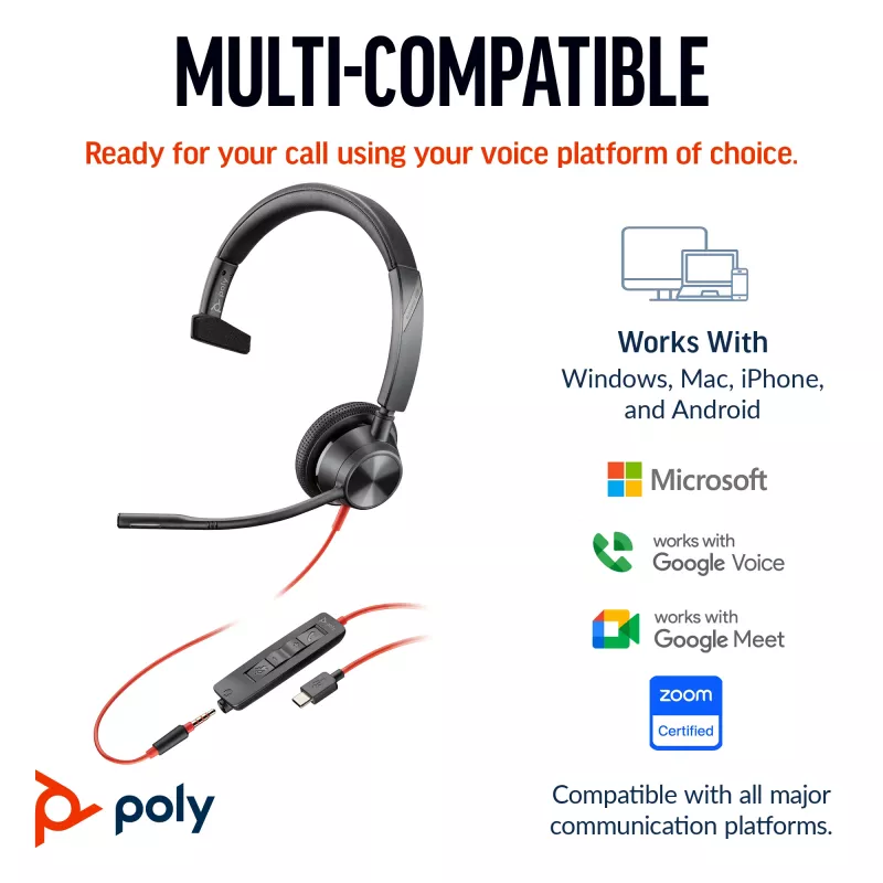 HP Poly Blackwire 3315 auriculares mono USB-C + conector de 3,5 mm + adaptador USB-C/A