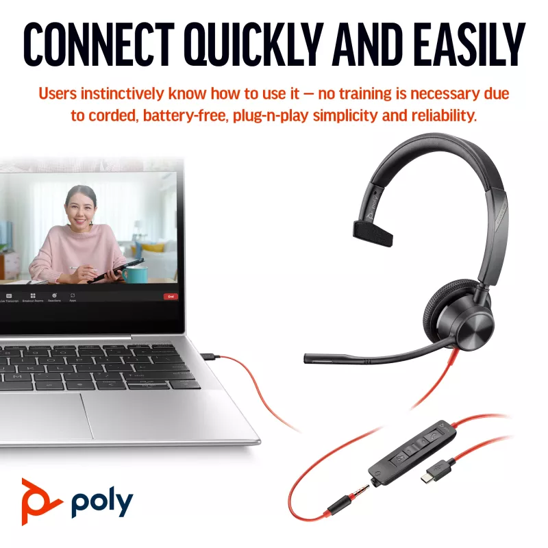 HP Poly Blackwire 3315 auriculares mono USB-C + conector de 3,5 mm + adaptador USB-C/A