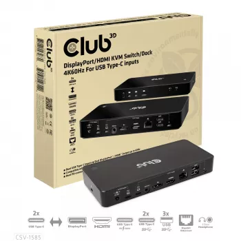 CLUB3D DisplayPort/HDMI conmutador KVM/dock 4K60Hz para entradas USB Type-C