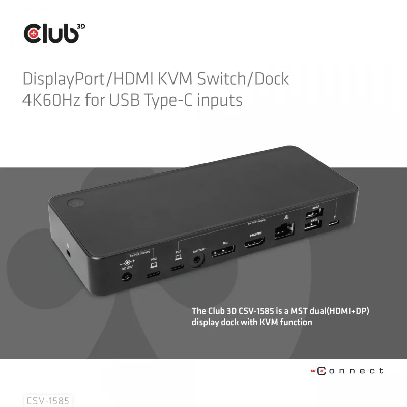 CLUB3D DisplayPort/HDMI conmutador KVM/dock 4K60Hz para entradas USB Type-C