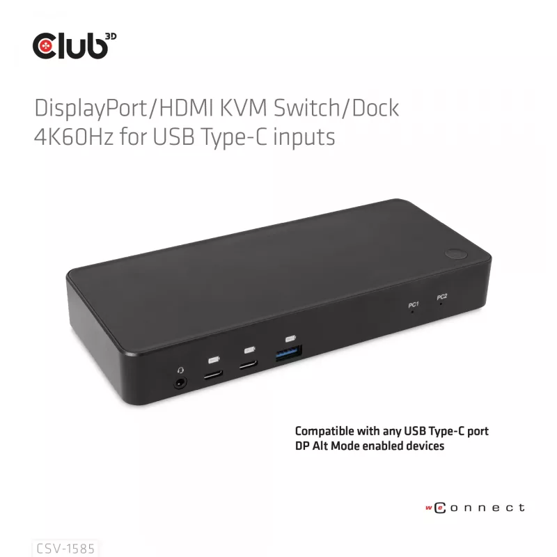 CLUB3D DisplayPort/HDMI conmutador KVM/dock 4K60Hz para entradas USB Type-C