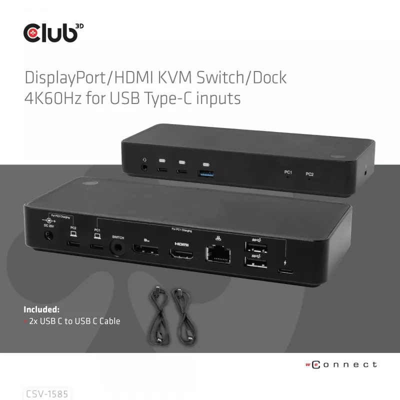 CLUB3D DisplayPort/HDMI conmutador KVM/dock 4K60Hz para entradas USB Type-C