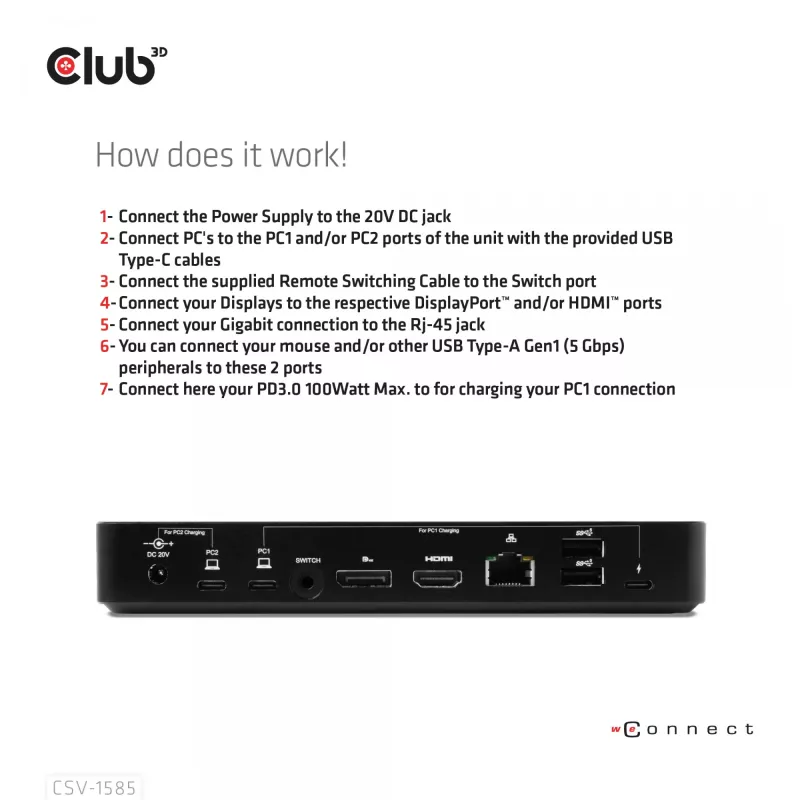 CLUB3D DisplayPort/HDMI conmutador KVM/dock 4K60Hz para entradas USB Type-C
