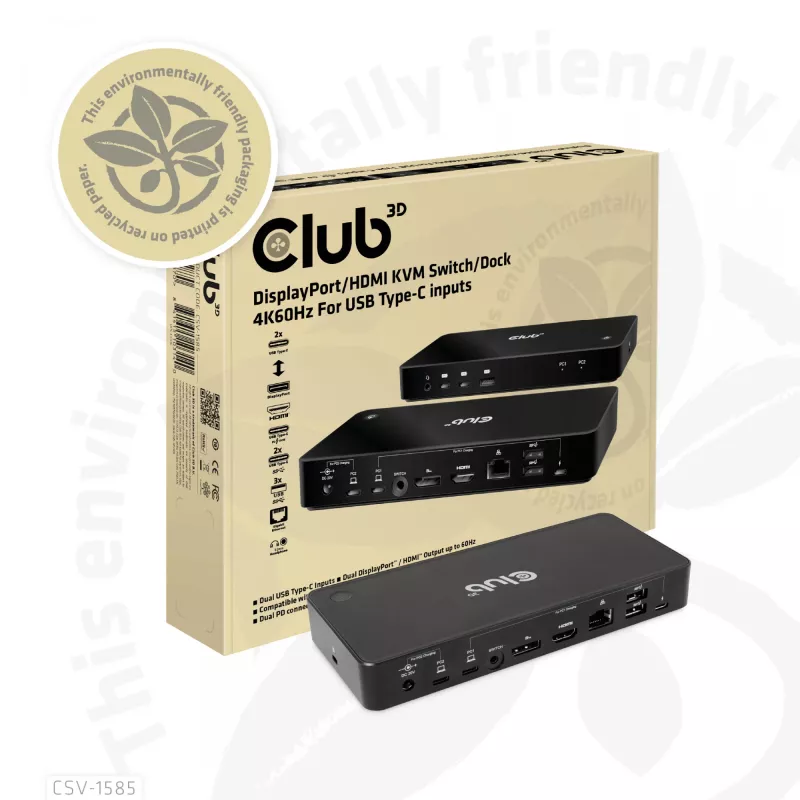 CLUB3D DisplayPort/HDMI conmutador KVM/dock 4K60Hz para entradas USB Type-C