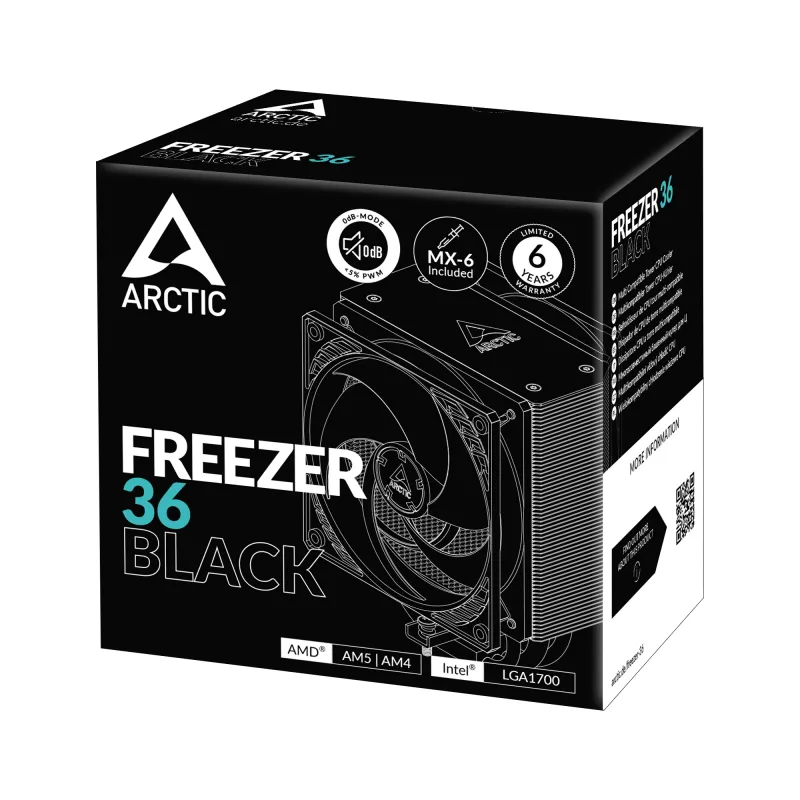 ARCTIC Freezer 36 (negro) disipador de CPU de torre multicompatible, disipador de aire, 12 cm, 200 U/min, 1800 U/min, negro