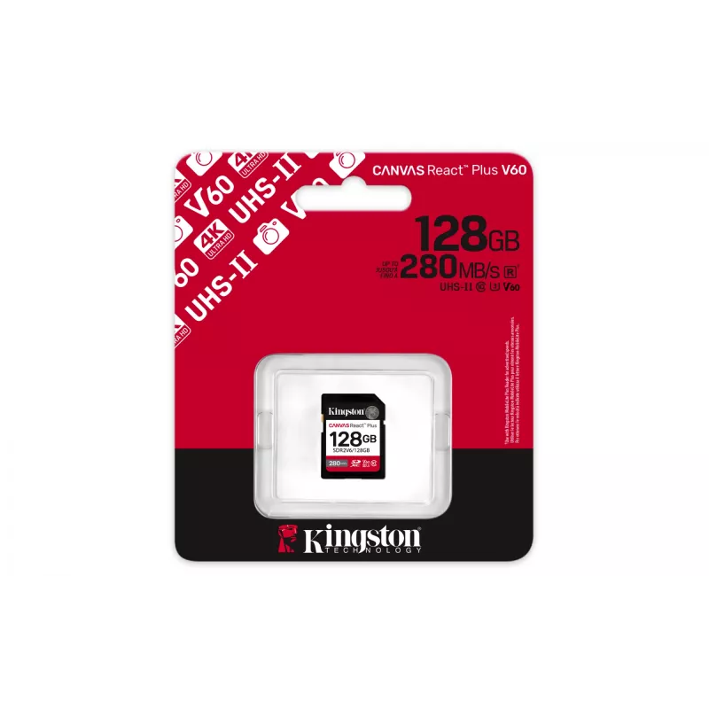 Kingston Technology 128 GB Canvas React Plus SDXC UHS-II 280R/100W U3 V60 para Full HD/4K