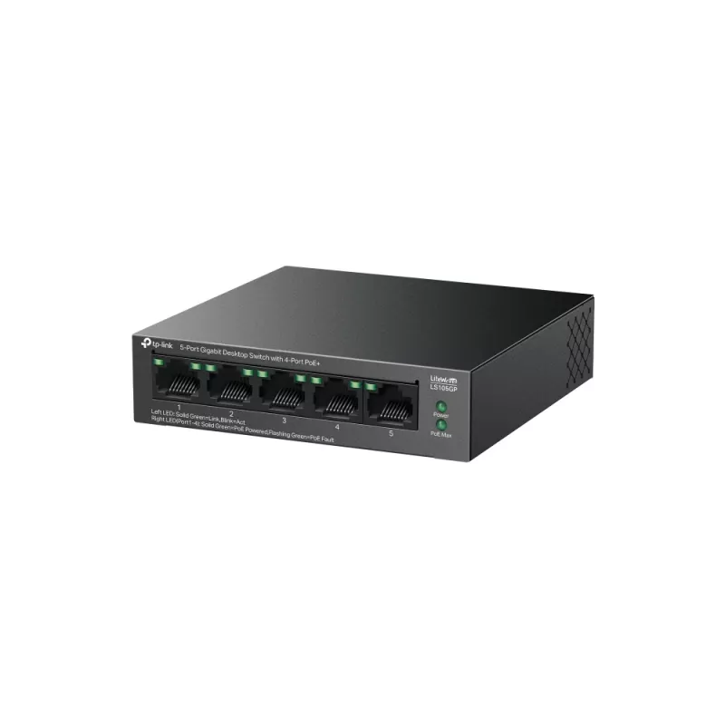 Switch de escritorio TP-LINK LiteWave 5 puertos Gigabit con 4 puertos PoE+ (5x Gigabit, 4 PoE+, 65 W presupuesto PoE)
