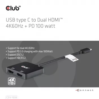 CLUB3D hub USB-C® a doble HDMI™ 4K60Hz M/H+PD3.0 100 W