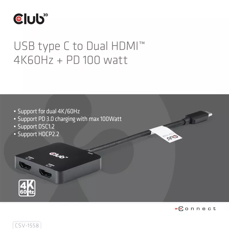 CLUB3D hub USB-C® a doble HDMI™ 4K60Hz M/H+PD3.0 100 W