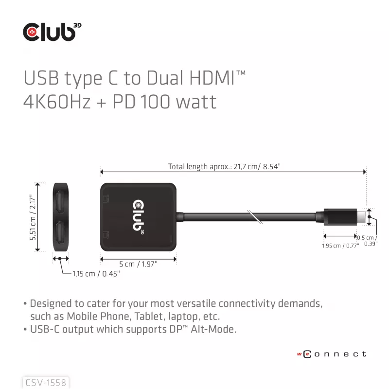 CLUB3D hub USB-C® a doble HDMI™ 4K60Hz M/H+PD3.0 100 W