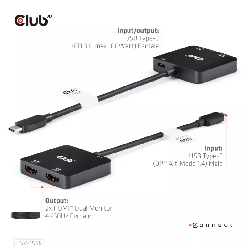 CLUB3D hub USB-C® a doble HDMI™ 4K60Hz M/H+PD3.0 100 W