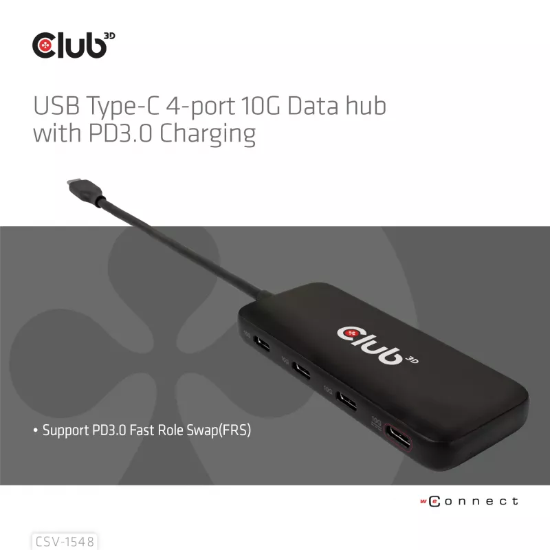 Club3D CSV-1548 hub USB-C, 4x USB-C 10 Gbps, 100W PD, negro