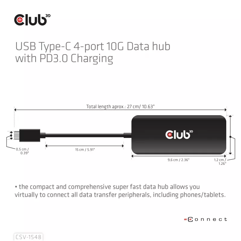 Club3D CSV-1548 hub USB-C, 4x USB-C 10 Gbps, 100W PD, negro