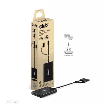 Divisor de vídeo Club 3D CSV-1478 USB Type-C (con adaptador USB-A) a doble DisplayPort 4K60Hz, negro