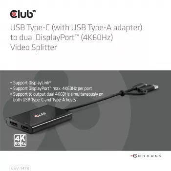 Divisor de vídeo Club 3D CSV-1478 USB Type-C (con adaptador USB-A) a doble DisplayPort 4K60Hz, negro
