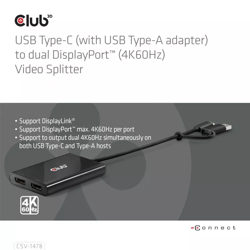 Divisor de vídeo Club 3D CSV-1478 USB Type-C (con adaptador USB-A) a doble DisplayPort 4K60Hz, negro