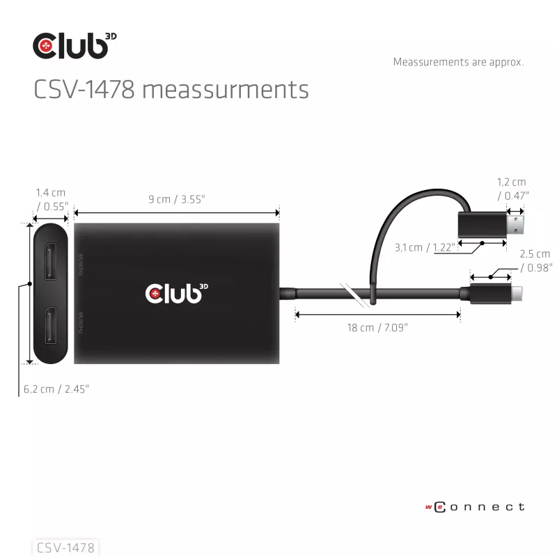 Divisor de vídeo Club 3D CSV-1478 USB Type-C (con adaptador USB-A) a doble DisplayPort 4K60Hz, negro