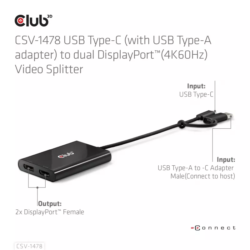 Divisor de vídeo Club 3D CSV-1478 USB Type-C (con adaptador USB-A) a doble DisplayPort 4K60Hz, negro