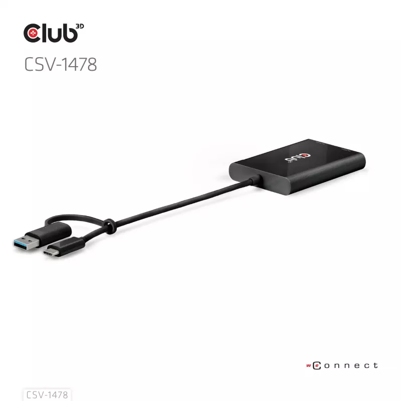 Divisor de vídeo Club 3D CSV-1478 USB Type-C (con adaptador USB-A) a doble DisplayPort 4K60Hz, negro