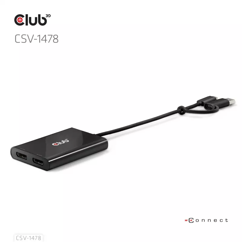 Divisor de vídeo Club 3D CSV-1478 USB Type-C (con adaptador USB-A) a doble DisplayPort 4K60Hz, negro