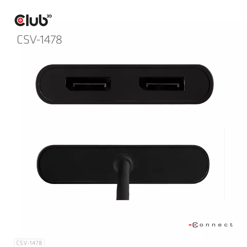 Divisor de vídeo Club 3D CSV-1478 USB Type-C (con adaptador USB-A) a doble DisplayPort 4K60Hz, negro