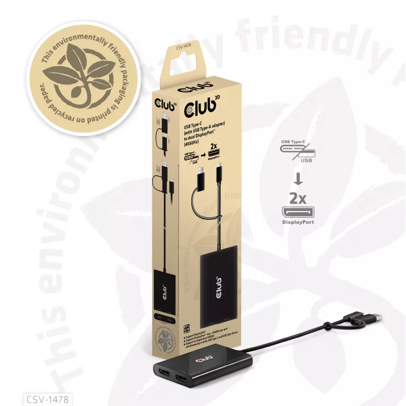 Divisor de vídeo Club 3D CSV-1478 USB Type-C (con adaptador USB-A) a doble DisplayPort 4K60Hz, negro