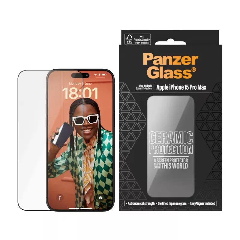 PanzerGlass ® Ceramic Protection para iPhone 15 Pro Max | Ultra-Wide Fit con EasyAligner