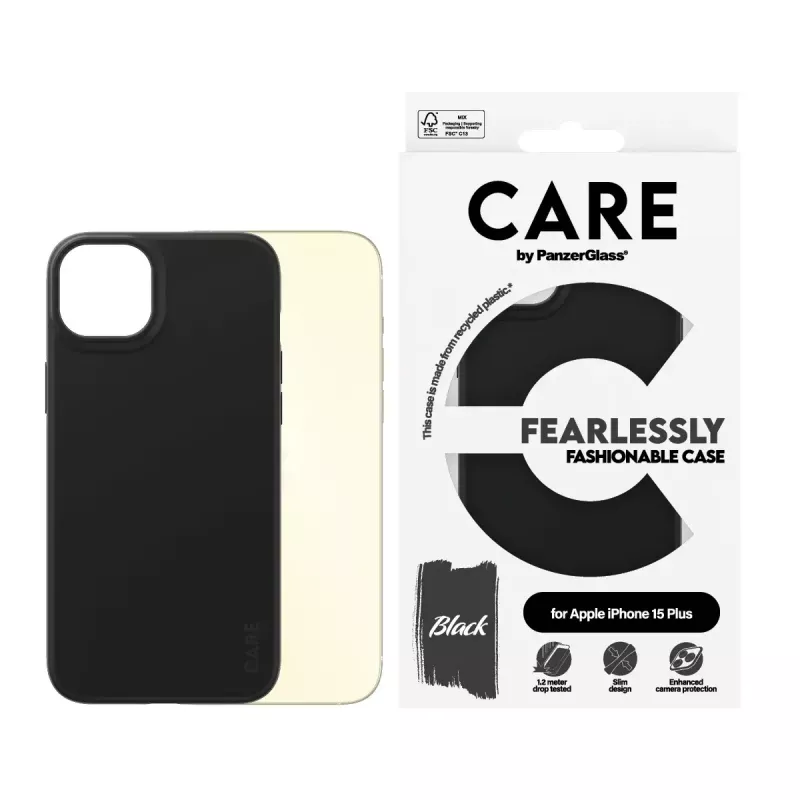 Funda PanzerGlass CARE by funda de moda negra iPhone 15 Plus transparente