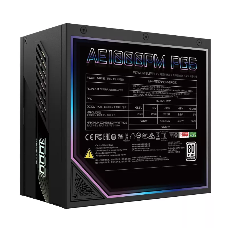 GIGABYTE AORUS ELITE P1000W ICE Fuente de alimentación - PCIe 5.0, 80 PLUS Platinum, diseño totalmente modular, ventilador de 120 mm, compatible con ATX 3.0, enchufe EU