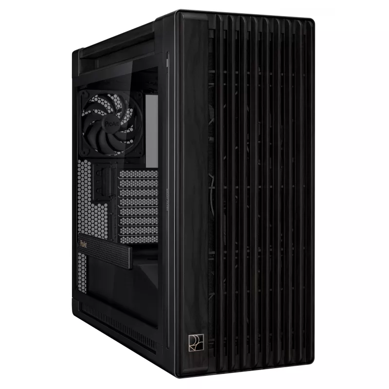 Caja de PC ASUS ProArt PA602 Wood Edition Midi Tower negra — madera, compatibilidad ATX/EATX, cristal templado, 4×3,5 inch / 8×2,5 inch, GPU de hasta 450 mm