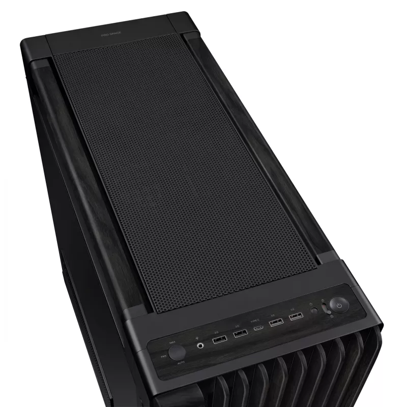 Caja de PC ASUS ProArt PA602 Wood Edition Midi Tower negra — madera, compatibilidad ATX/EATX, cristal templado, 4×3,5 inch / 8×2,5 inch, GPU de hasta 450 mm
