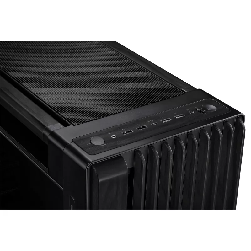 Caja de PC ASUS ProArt PA602 Wood Edition Midi Tower negra — madera, compatibilidad ATX/EATX, cristal templado, 4×3,5 inch / 8×2,5 inch, GPU de hasta 450 mm