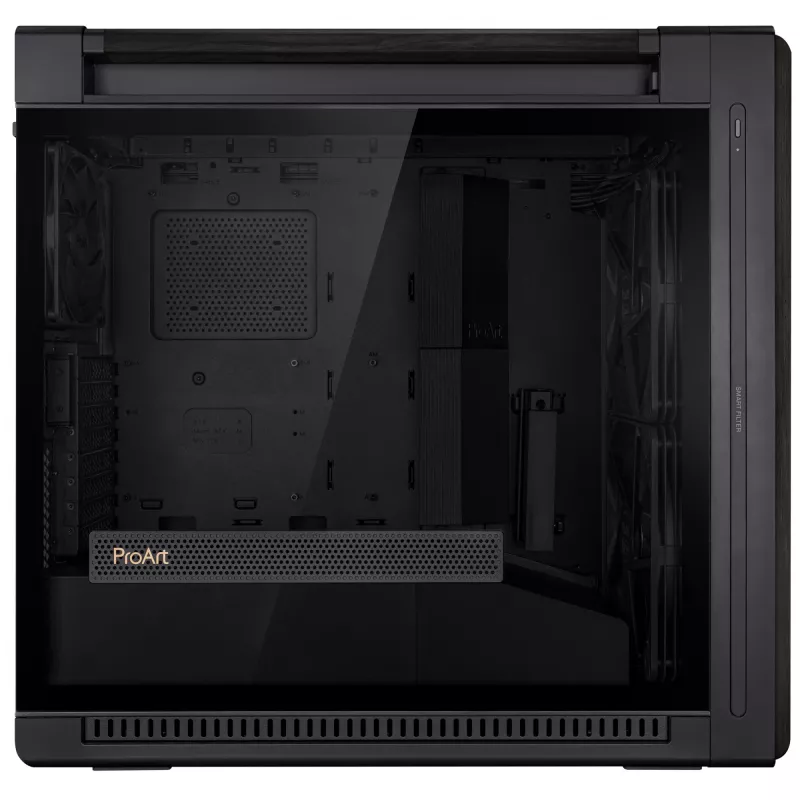Caja de PC ASUS ProArt PA602 Wood Edition Midi Tower negra — madera, compatibilidad ATX/EATX, cristal templado, 4×3,5 inch / 8×2,5 inch, GPU de hasta 450 mm