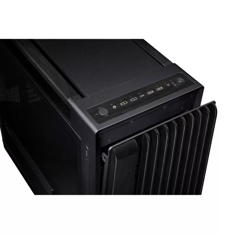 Caja de PC ASUS ProArt PA602 Wood Edition Midi Tower negra — madera, compatibilidad ATX/EATX, cristal templado, 4×3,5 inch / 8×2,5 inch, GPU de hasta 450 mm
