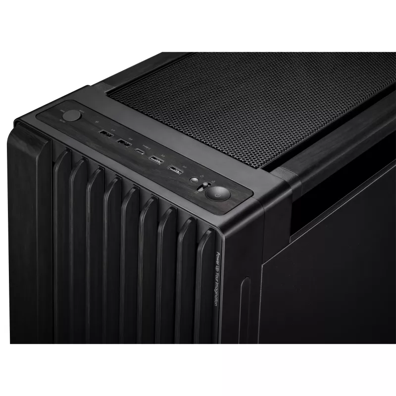 Caja de PC ASUS ProArt PA602 Wood Edition Midi Tower negra — madera, compatibilidad ATX/EATX, cristal templado, 4×3,5 inch / 8×2,5 inch, GPU de hasta 450 mm
