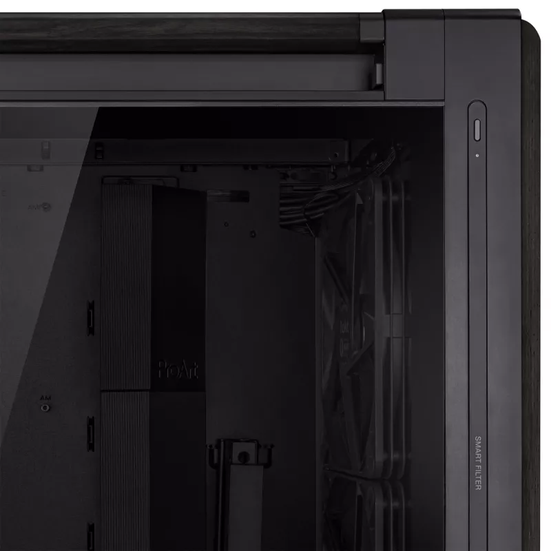 Caja de PC ASUS ProArt PA602 Wood Edition Midi Tower negra — madera, compatibilidad ATX/EATX, cristal templado, 4×3,5 inch / 8×2,5 inch, GPU de hasta 450 mm