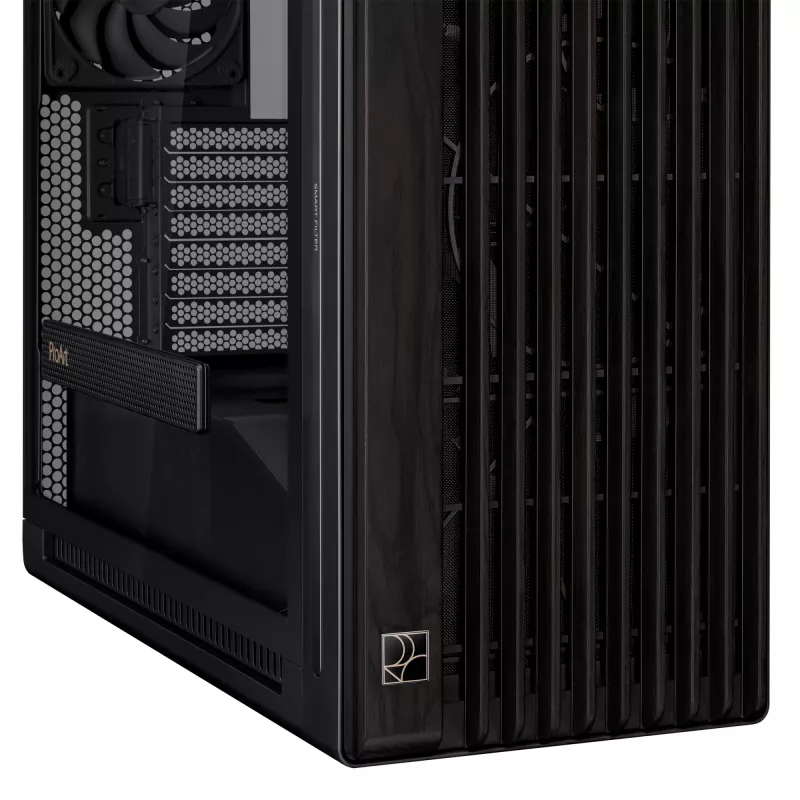 Caja de PC ASUS ProArt PA602 Wood Edition Midi Tower negra — madera, compatibilidad ATX/EATX, cristal templado, 4×3,5 inch / 8×2,5 inch, GPU de hasta 450 mm