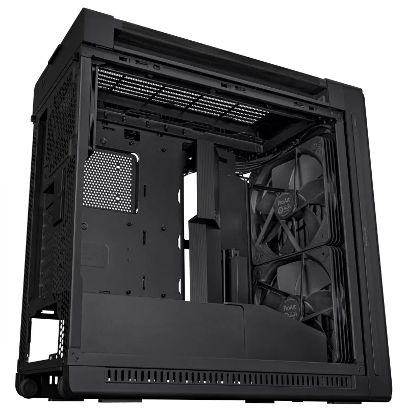 Caja de PC ASUS ProArt PA602 Wood Edition Midi Tower negra — madera, compatibilidad ATX/EATX, cristal templado, 4×3,5 inch / 8×2,5 inch, GPU de hasta 450 mm