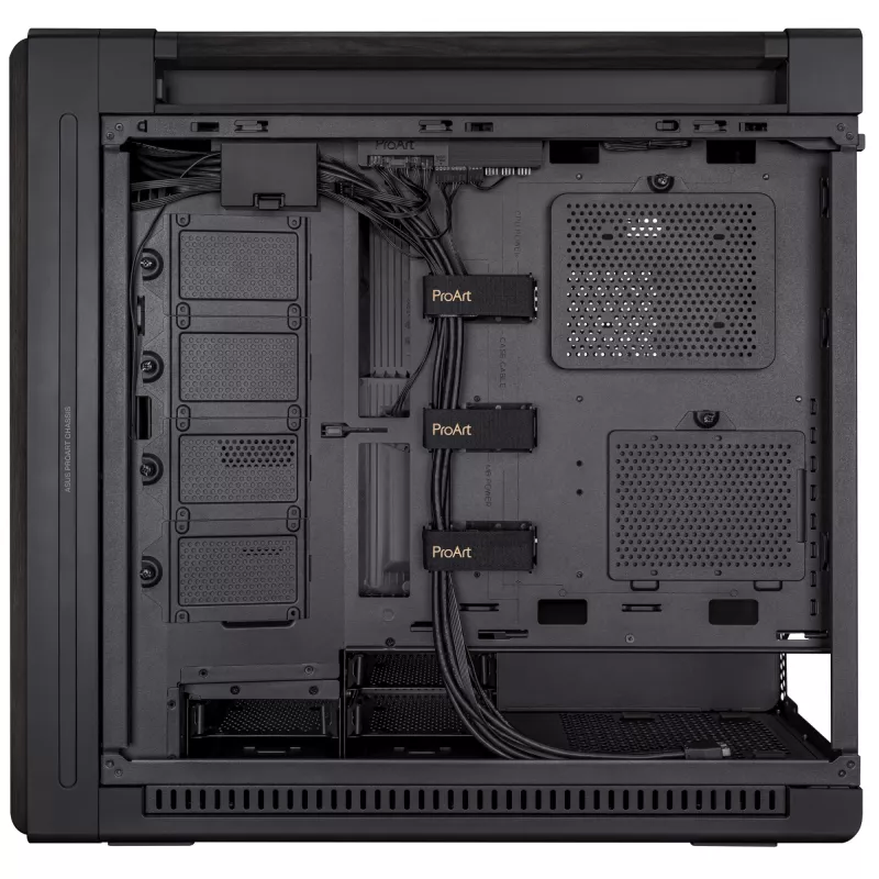 Caja de PC ASUS ProArt PA602 Wood Edition Midi Tower negra — madera, compatibilidad ATX/EATX, cristal templado, 4×3,5 inch / 8×2,5 inch, GPU de hasta 450 mm