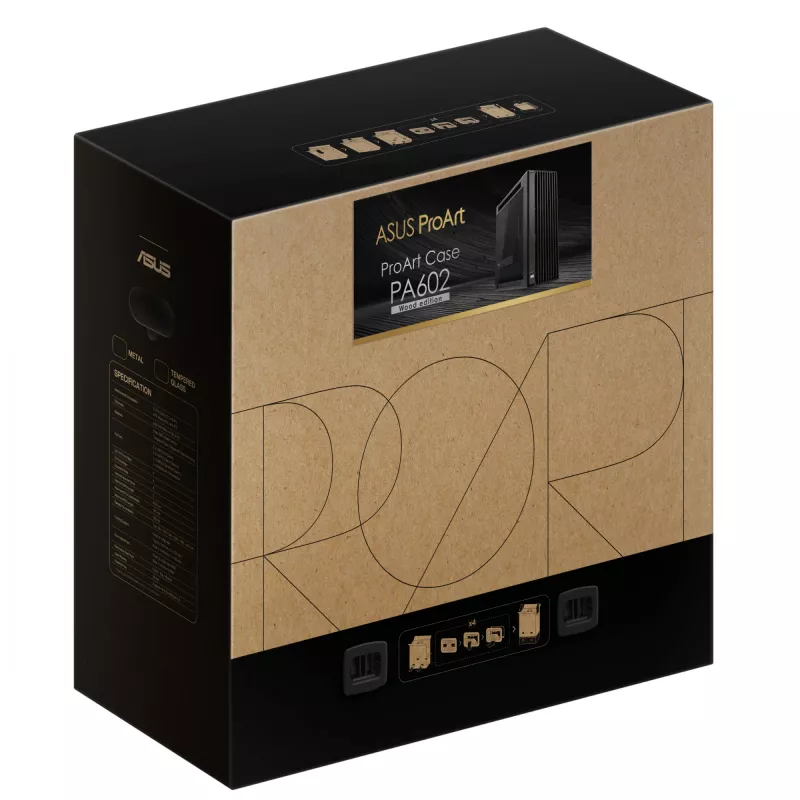 Caja de PC ASUS ProArt PA602 Wood Edition Midi Tower negra — madera, compatibilidad ATX/EATX, cristal templado, 4×3,5 inch / 8×2,5 inch, GPU de hasta 450 mm