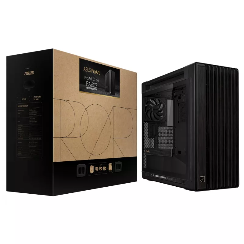 Caja de PC ASUS ProArt PA602 Wood Edition Midi Tower negra — madera, compatibilidad ATX/EATX, cristal templado, 4×3,5 inch / 8×2,5 inch, GPU de hasta 450 mm