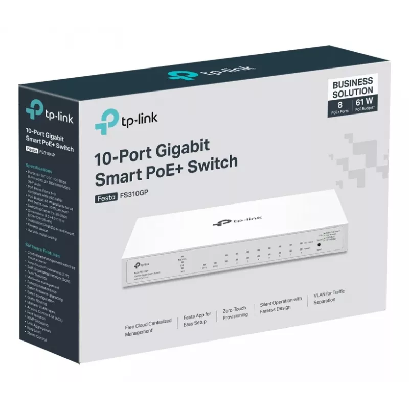 Switch de red TP-Link FESTA FS310GP Managed L2/L2+ Gigabit Ethernet (10/100/1000) Power over Ethernet (PoE) 1U Blanco