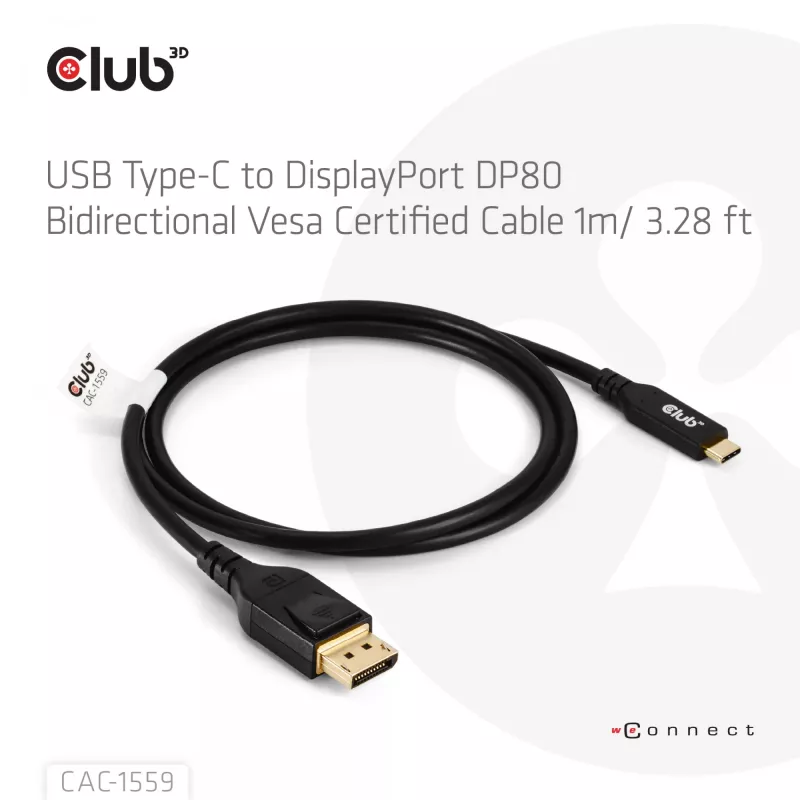 Cable USB Type-C a DisplayPort 2.1, Club 3D CAC-1559, bidireccional, certificado VESA DP80, 1 m