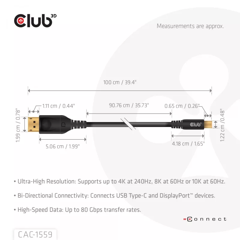 Cable USB Type-C a DisplayPort 2.1, Club 3D CAC-1559, bidireccional, certificado VESA DP80, 1 m