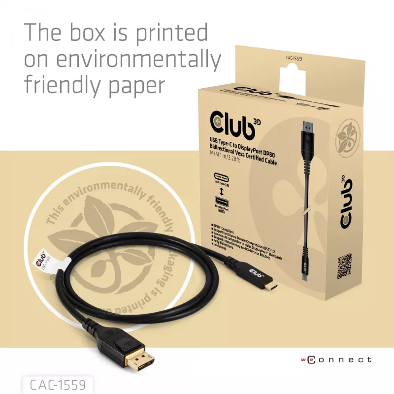 Cable USB Type-C a DisplayPort 2.1, Club 3D CAC-1559, bidireccional, certificado VESA DP80, 1 m