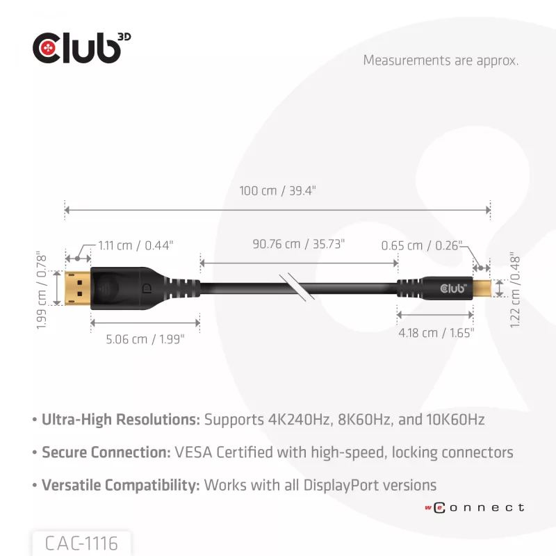 Cable bidireccional CLUB3D Mini DisplayPort™ a DisplayPort™ certificado VESA DP80 M/M 1m/3.28ft