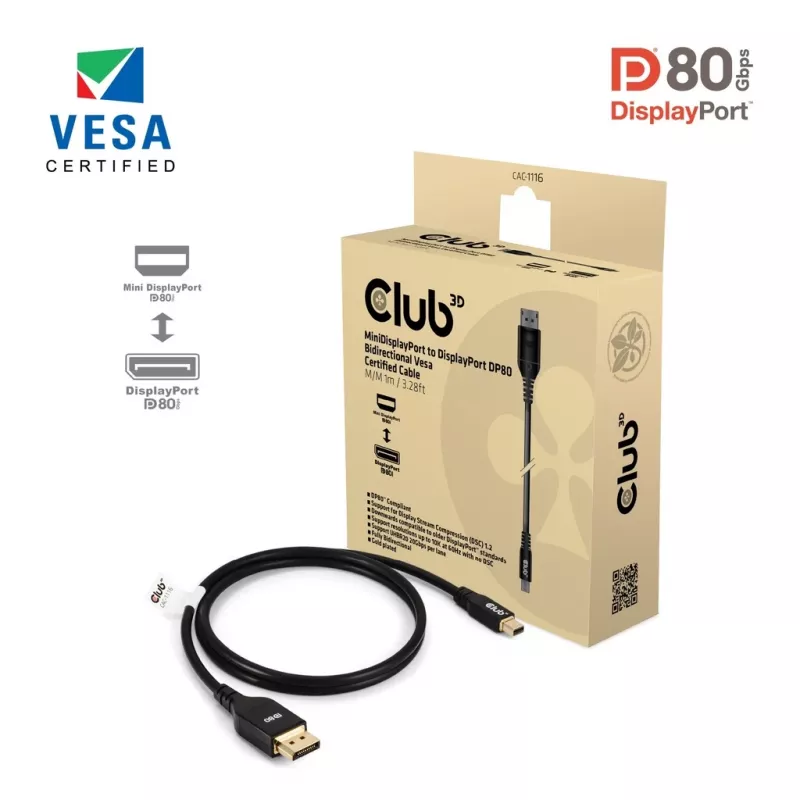 Cable bidireccional CLUB3D Mini DisplayPort™ a DisplayPort™ certificado VESA DP80 M/M 1m/3.28ft