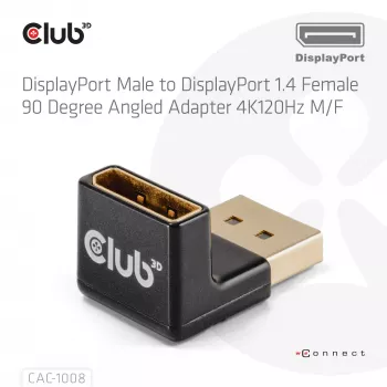 Adaptador club 3D DisplayPort macho a DisplayPort 1.4 hembra 90° en ángulo, compatible con 4K@120Hz